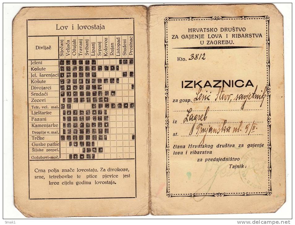 H CARD OF MEMBERSHIP IN HUNTING SOCIETY KINGDOM OF JUGOSLAVIA ZAGREB CROATIA - Historical Documents