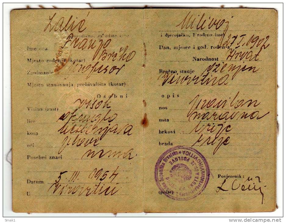 H IDENTITY CARD PEOPLE´S REPUBLIC OF CROATIA VIROVITICA CROATIA - Historical Documents