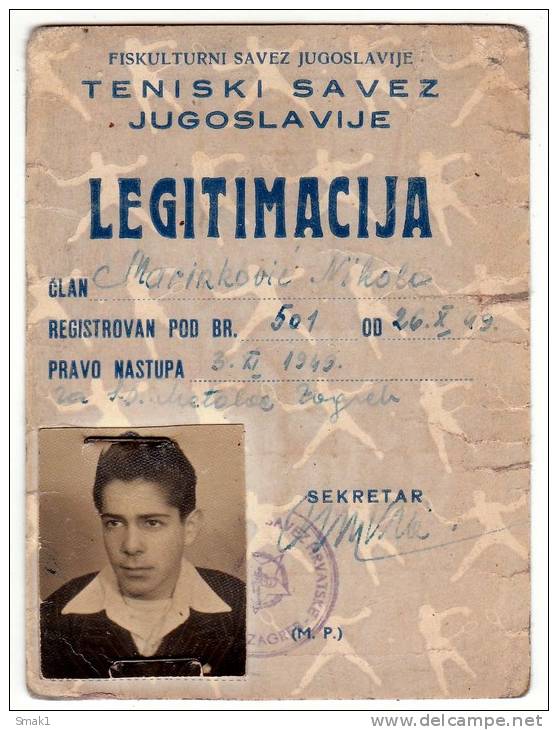 H IDENTITY CARD FOR TENNIS ASSOCIATION OF YUGOSLAVIA  FNRJ JUGOSLAVIA - Historical Documents