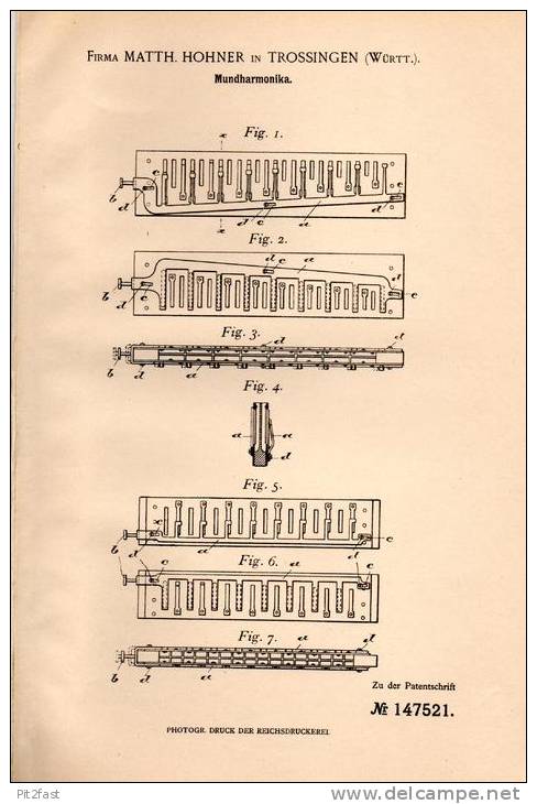 Original Patentschrift - Fa. M. Hohner In Trossingen , 1903 , Mundharmonika !!! - Musikinstrumente