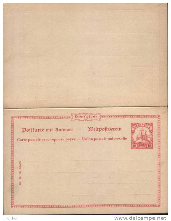 Germany-Postal Stationery Postcard 1901 10/10pf Kiautschou,with Paid Answer-unused, 2/scans - Kiautchou