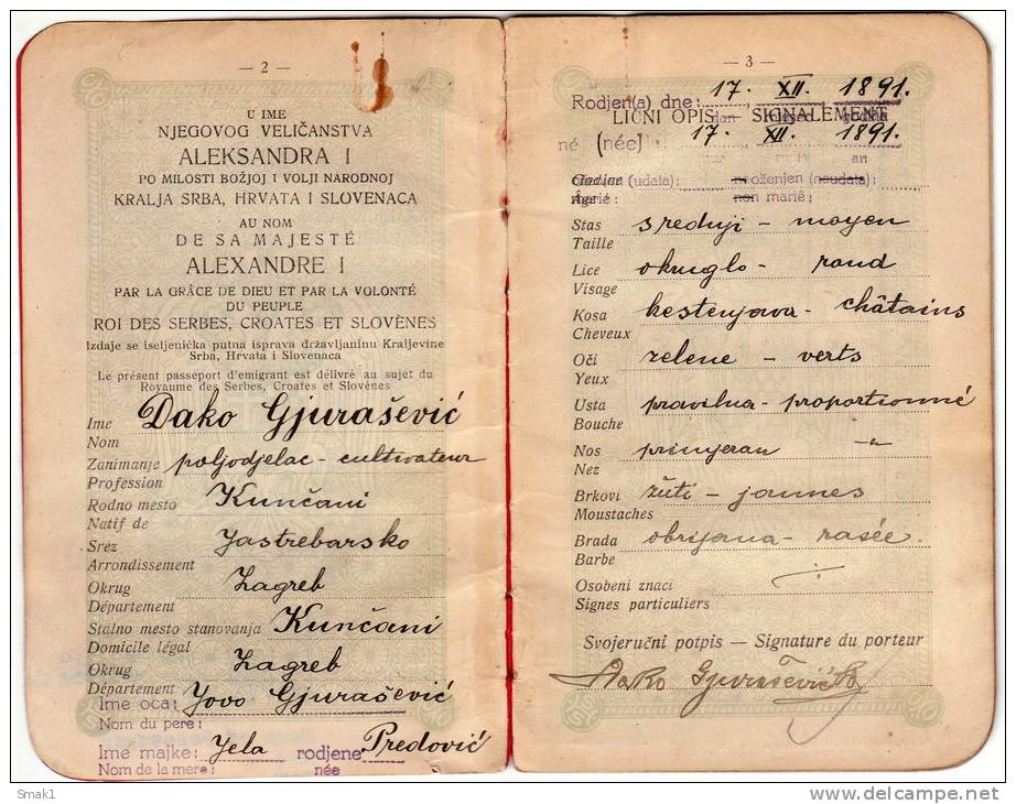 H EMIGRANT PASSPORT SHS KINGDOM OF SERBS CROATS AND SLOVENES ZAGREB CROATIA - Historical Documents