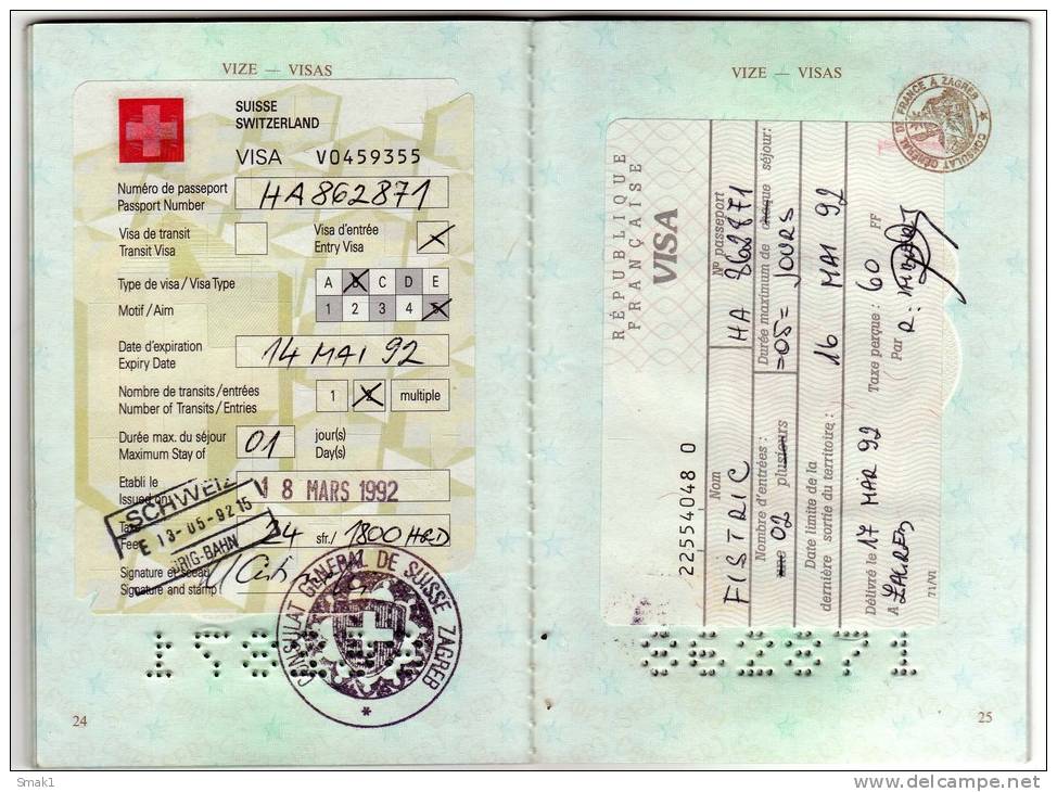 H PASSPORT SFRJ JUGOSLAVIA ZAGREB CROATIA  2 PAGES OF FULL STAMP - Historical Documents