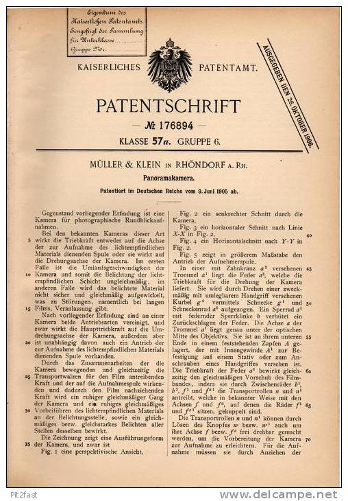 Original Patentschrift - Müller & Klein In Rhöndorf A. Rh., 1905 , Panoramakamera , Kamera , Photographie !!! - Cameras