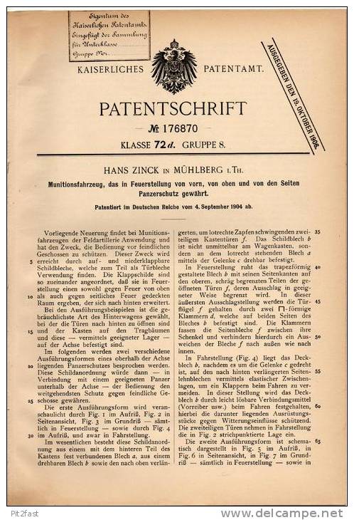 Original Patentschrift - H. Zinck In Mühlberg I. Th., 1904 , Munitionsfahrzeug Mit Panzerschutz , Panzer , Artillerie !! - Voertuigen