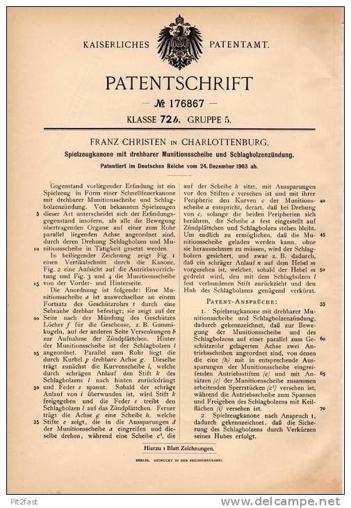 Original Patentschrift - Spielzeugkanone , Kanone , 1903 , F. Christen In Charlottenburg !!! - Antikspielzeug