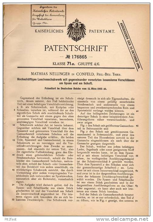 Original Patentschrift - M. Nellinger In Konfeld , Reg.Bez. Trier , 1905 , Laschenschuhwerk , Schuhe , Schuhmacher !!! - Schuhe