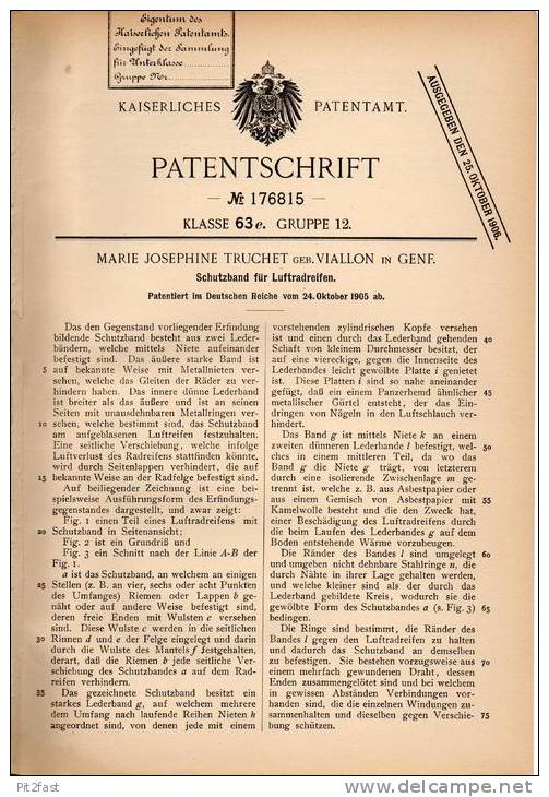 Original Patentschrift - M. Truchet In Genf , 1905 , Luftradreifen , Reifen Mit Schutzband , Automobile !!! - Voitures