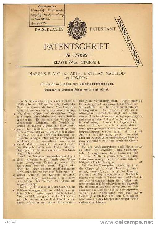 Original Patentschrift - M. Plato In London , 1904 , Glocke Mit Selbstunterbrechung !!! - Campane