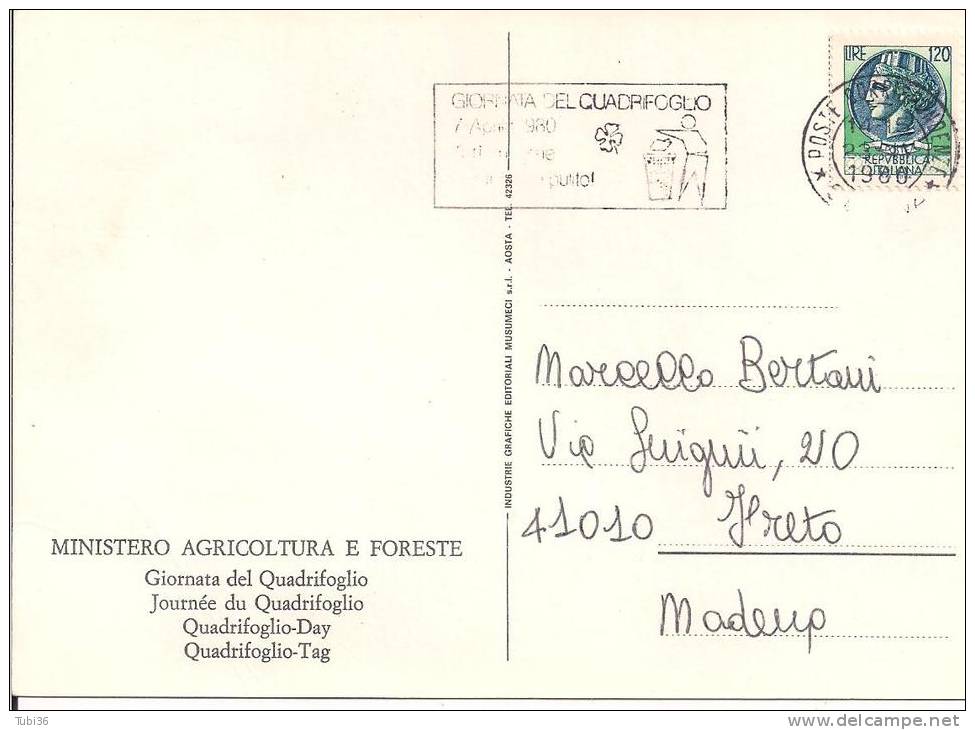 GIORNATA DEL QUADRIFOGLIO, TARGHETTA FIGURATA SU CARTOLINA  DEDICATA  MINISTERO , VIAGGIATA 1960, - Altri & Non Classificati