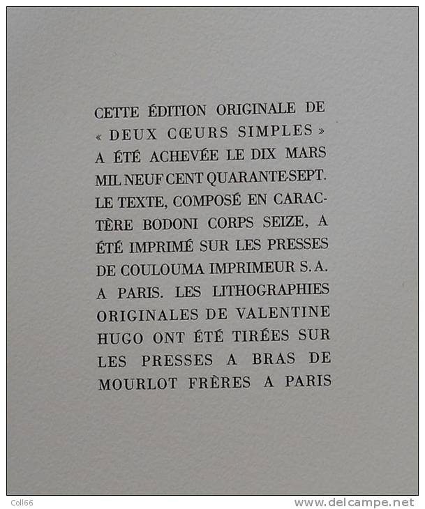 1947 Deux Coeurs simples par J. de Lacretelle  en feuilles in 4 evec emboitage 8 lithographies Valentine Hugo