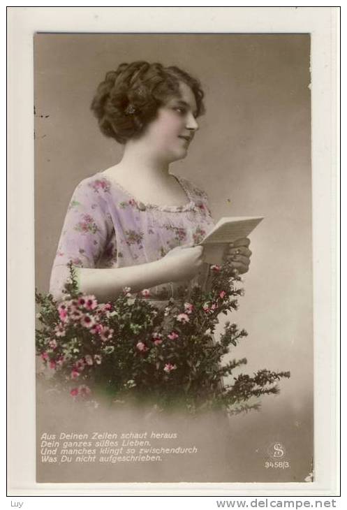 FEMME, FRAU, WOMAN - Photo CP, Original Coloriert, Mit Brief Und Blumen, S L.J. F.F. Serie 3458/3 - Mujeres