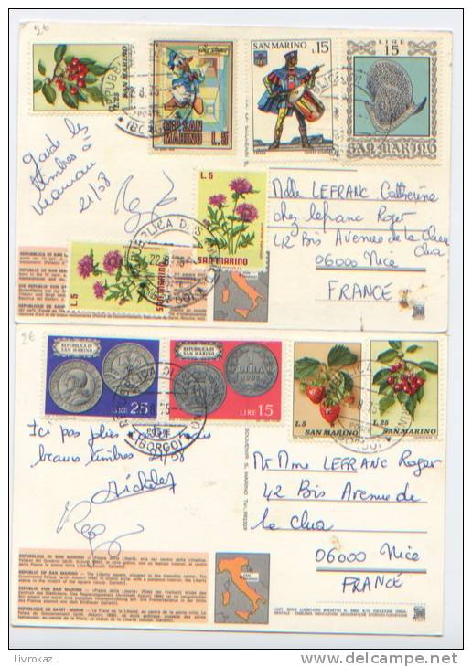 San Marino, Saint Marin, Timbres Sur 2 Cartes Postales, 1975, Donald, Fleurs, Fraises, Cerises, Casque - Lettres & Documents