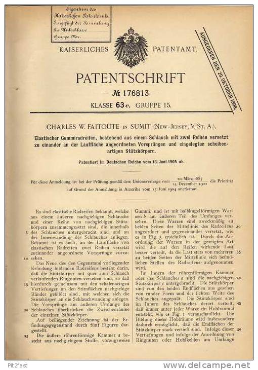 Original Patentschrift - C. Faitoute In Sumit , USA , 1905 , Elastischer Gummiradreifen , Reifen !!! - Historische Dokumente