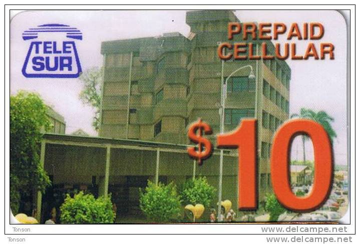 Surinam, $10, Telesur, Prepaid Celluar Card, Building, 2 Scans. - Surinam