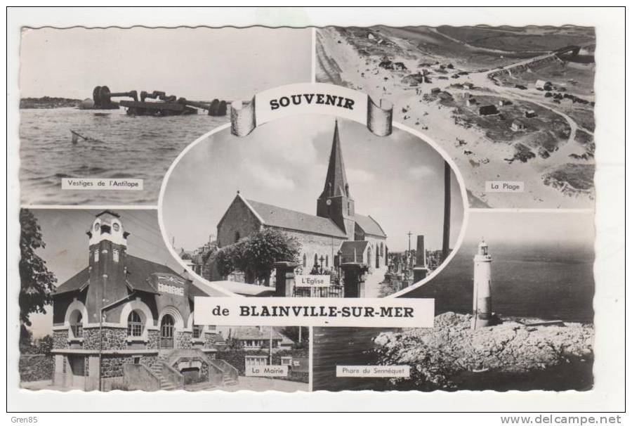 CPSM MULTIVUES BLAINVILLE SUR MER VESTIGES DE L'ANTILOPE EGLISE PLAGE MAIRIE PHARE DU SENNEQUET, 9cm/14cm Env, MANCHE 50 - Blainville Sur Mer