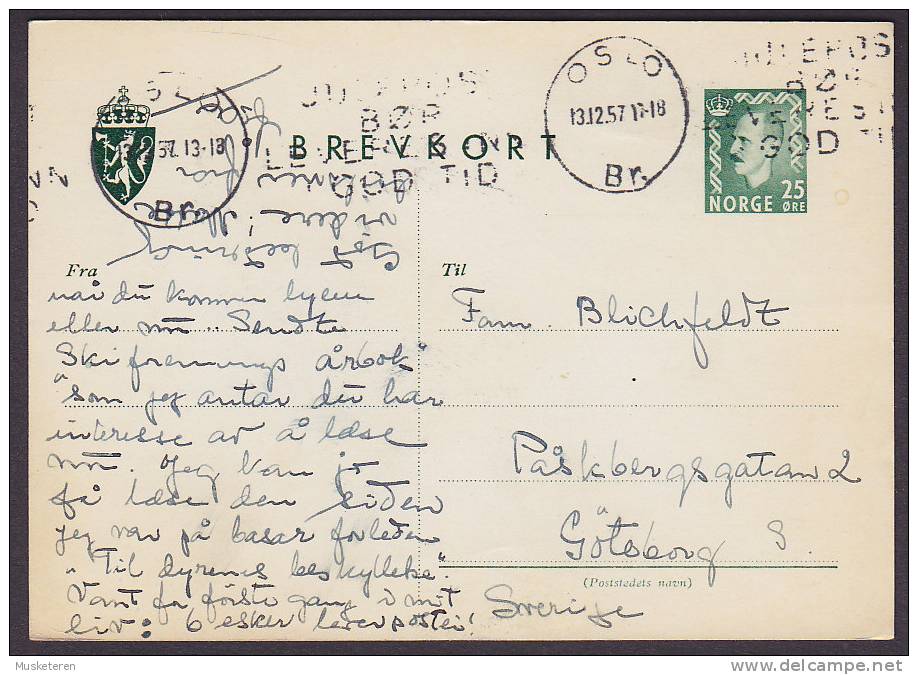Norway Postal Stationery Ganzsache Entier 25 Ø Brevkort TMS OSLO 1957 To GÖTEBORG Sweden (2 Scans) - Postwaardestukken