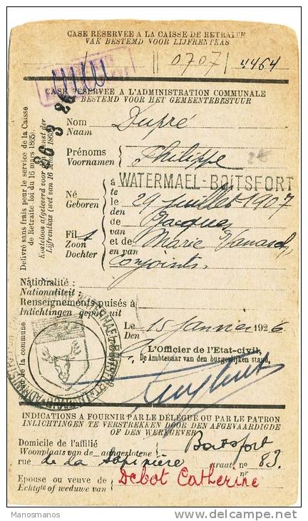 602/19 - Carte Caisse De Retraite TP Houyoux BOITSFORT 1926 - Griffe Et Cachet Admin. Communale WATERMAEL BOITSFORT - 1922-1927 Houyoux