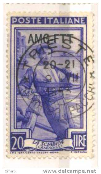 Fra360 Trieste Zona A, AMG-FTT, 1950-54, Italia Al Lavoro, N. 97, 20 Lire, Violetto, La Sciabica, Campania - Used