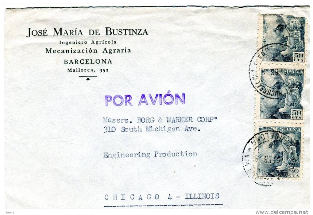 Spain- Air Mail Cover From An Agricultural Engineer/ Barcelona [16.2.1948]to "Borg & Warner Corp."/ Chicago-Illinois USA - Barcelone