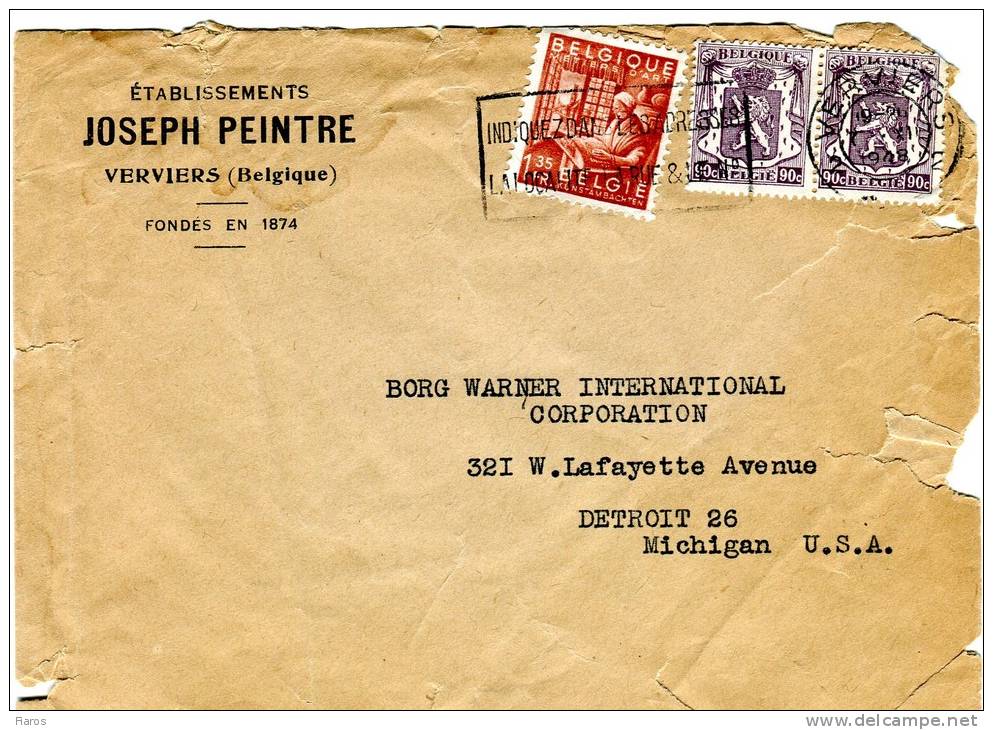 Belgium- Cover Posted From An Enterprise/ Verviers [7.12.1948]to "Borg Warner International Corp."/ Detroit-Michigan USA - Crash Covers