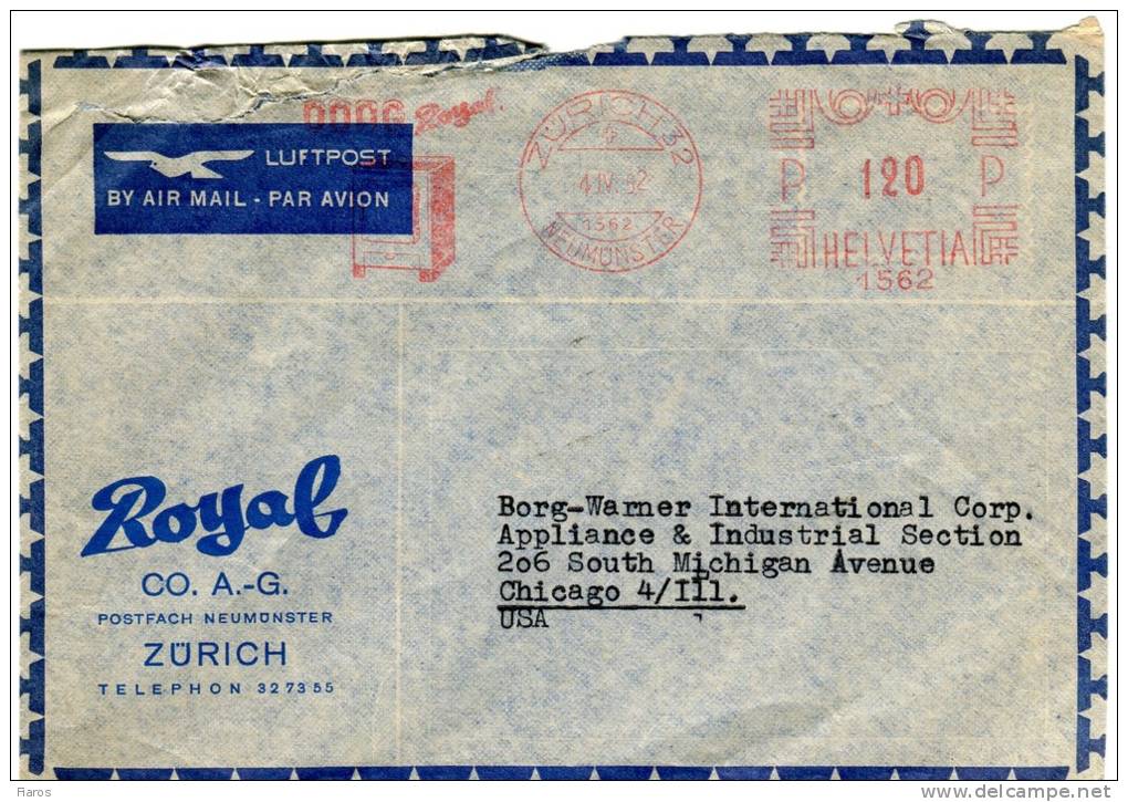Switzerland- Air Mail Cover From "Royal"Co./ Zurich [4.4.1952]to "Borg Warner International"/ Chicago (w/ Red-meter Pmk) - Affranchissements Mécaniques