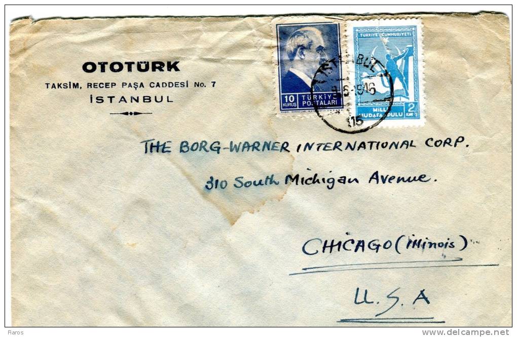 Turkey- Cover Posted From "Ototurk" Co./ Istanbul [9.5.1946] To "Borg Warner International Corp."/ Chicago-Illinois USA - Lettres & Documents