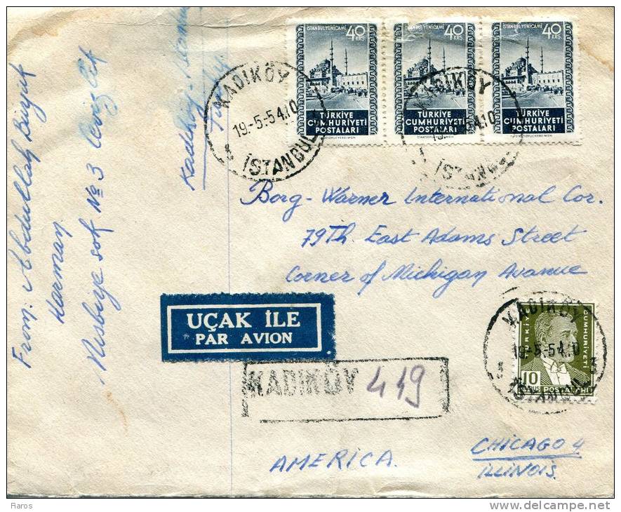 Turkey- Air Mail Cover Posted From Kadikoy-Istanbul [19.5.1954, Arr.24.5]to "Borg Warner International Co."/ Chicago-USA - Luftpost