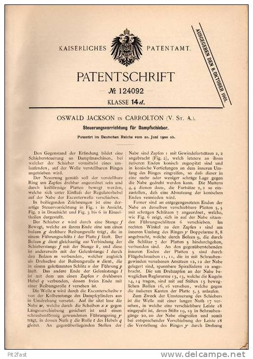 Original Patentschrift - Oswald Jackson In Carrolton , USA , 1900 , Steuerung Für Dampfschieber !!! - Tools