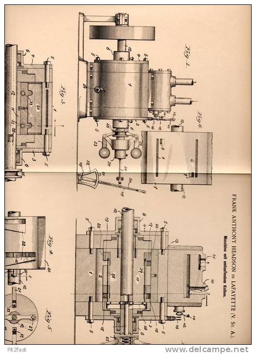 Original Patentschrift - F. Headson In Lafayette , USA , 1900 , Maschine Mit Umlaufendem Kolben !!! - Tools