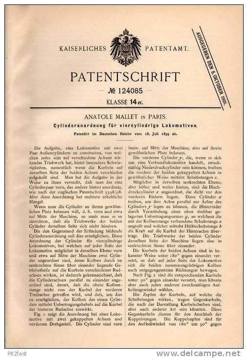 Original Patentschrift - A. Mallet In Paris , 1899 , 4- Cylinder Lokomotive , Lok !!! - Sonstige & Ohne Zuordnung