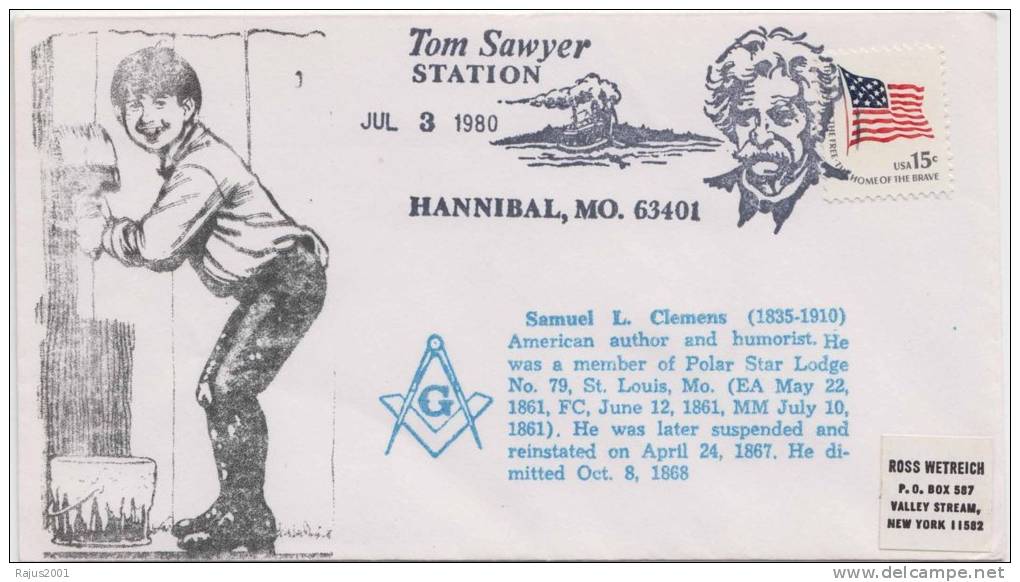 Samuel L Clemens, Writer, Member Of Polar Star Lodge, 79, Tom Swayer Station Freemasonry, Masonic Cover 1980 USA - Franc-Maçonnerie