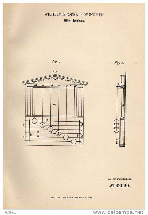 Original Patentschrift - Zither - Spielzeug , 1891 , W. Sporer In München !!! - Antikspielzeug