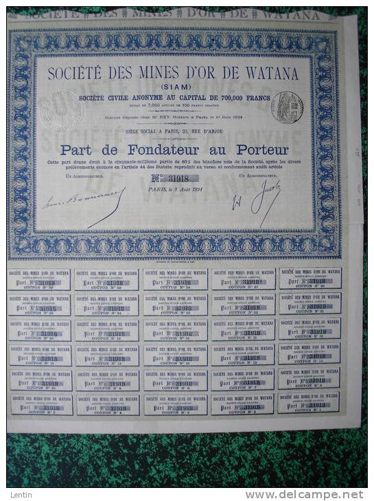 Action - Asie - Sté Des Mines D'or De Watana - Siam - Paris 1894 - Part De Fondateur - Asie