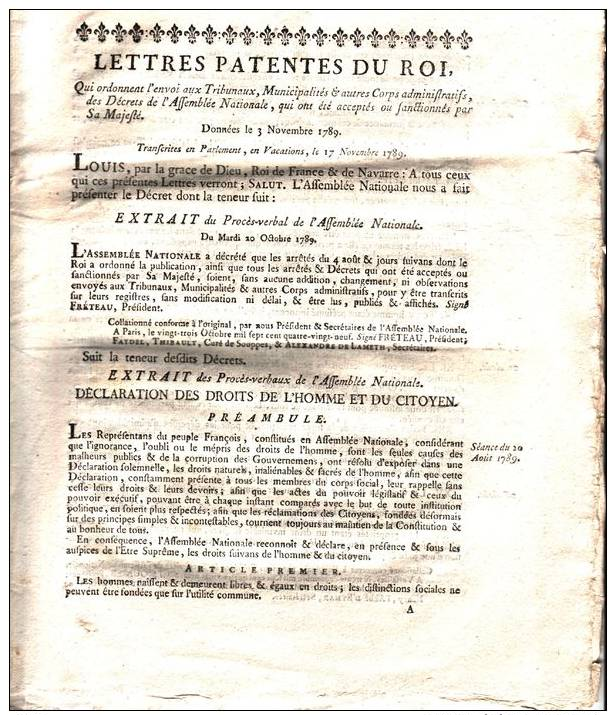 Lettres Patentes Du Roi 17 Novembre 1789 Déclaration Des Droits De L´homme Et Du Citoyen - Historische Dokumente