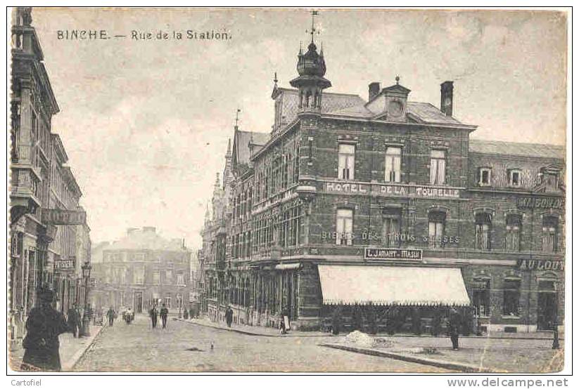 BINCHE-RUE DE LA STATION-HOTEL DE LA TOURELLE-BIERES DES TROIS SUISES-RARE-CARTE ENVOYEE-ANIMEE-VOYEZ 3 SCANS!!! - Binche