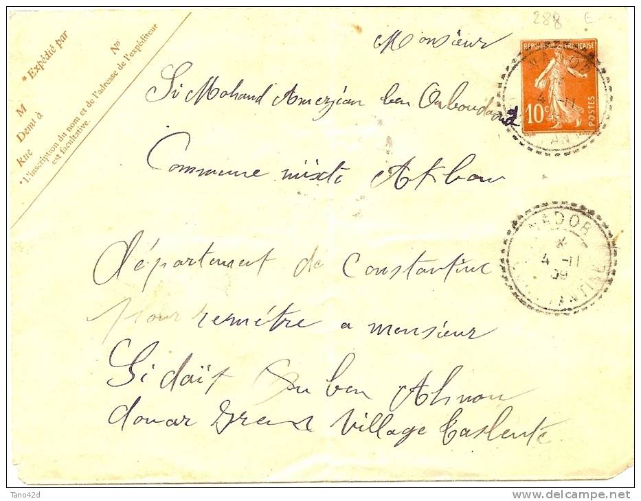 REF LBL8 - FRANCE - EP ENVELOPPE SEMEUSE 10c OBL. MADOR(?) CONSTANTINE POUR AKBOU 4/11/1909 - Sobres Tipos Y TSC (antes De 1995)