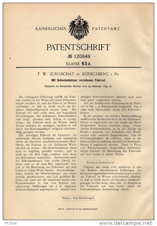 Original Patentschrift - F. Jurgschat In Königsberg I.Pr. , 1899 , Schwimmendes Fahrrad  !!! - Sonstige & Ohne Zuordnung