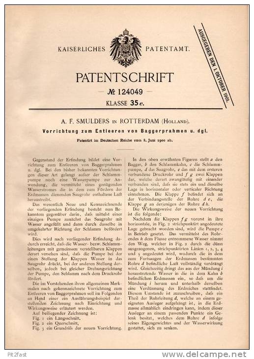 Original Patentschrift - A. Smulders In Rotterdam , 1900 , Entleeren Von Baggerprahmen , Schlamm , Bagger !!! - Andere & Zonder Classificatie