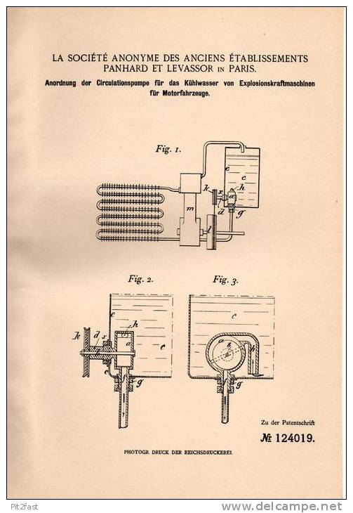 Original Patentschrift - Panhard Et Levassor In Paris , 1901 , Circulationspumpe Für Motorfahrzeuge , Automobile !!! - Cars