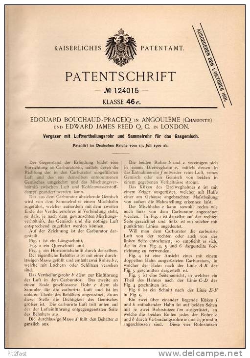 Original Patentschrift - E. Praceiq In Angouleme , 1900 , Carburator Mit Luftrohr Für Gemisch , Automobile !!! - Cars