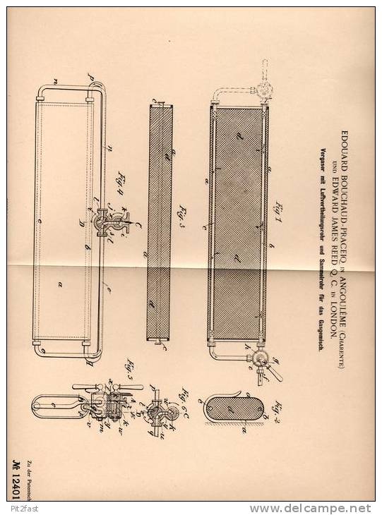 Original Patentschrift - E. Praceiq In Angouleme , 1900 , Carburator Mit Luftrohr Für Gemisch , Automobile !!! - Cars