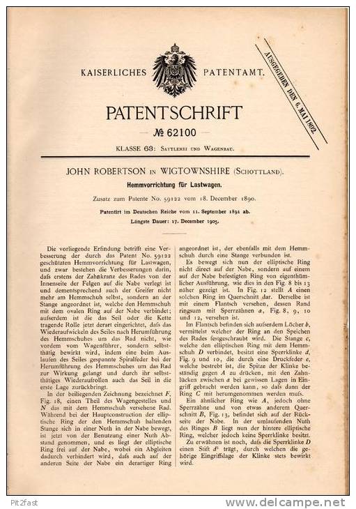 Original Patentschrift - K. Robertson In Wigtownshire , Schottland , 1891 , Hemmapparat Für Lastwagen , LKW , Truck !!! - Camion