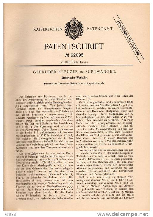 Original Patentschrift - Gebr. Kreuzer In Furtwangen , 1891 , Elektrische Weckuhr , Wecker , Uhr !!! - Autres & Non Classés