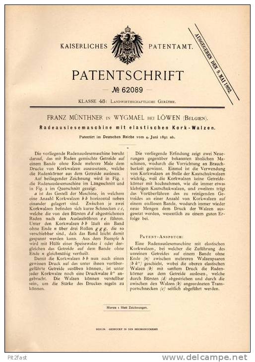 Original Patentschrift - F. Münthner In Wygmael B. Löwen , 1891 , Rade - Auslesemaschine , Getreide , Landwirtschaft !!! - Machines
