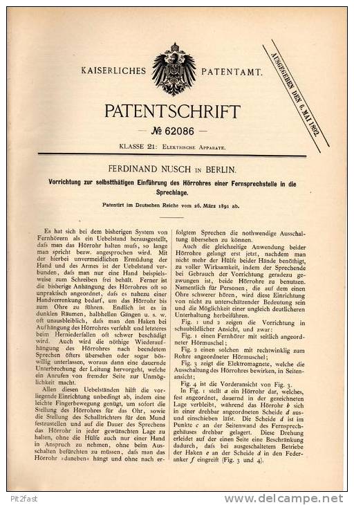 Original Patentschrift - F. Nusch In Berlin , 1891 , Telephon , Hörrohr Für Fernsprecher , Telefon !!! - Telephony