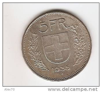 SVIZZERA - 5 FRANCHI GUGLIELMO TELL 1935 - Otros & Sin Clasificación