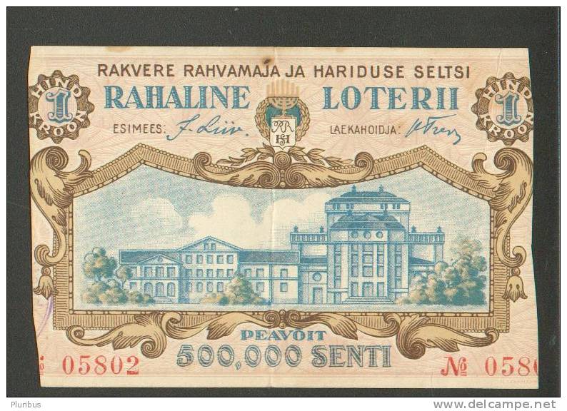 JUDAICA   JEWISH  MENORAH  1928  ESTONIA  ,  RAKVERE  THEATRE   LOTTERY TICKET  BLUE - Lottery Tickets