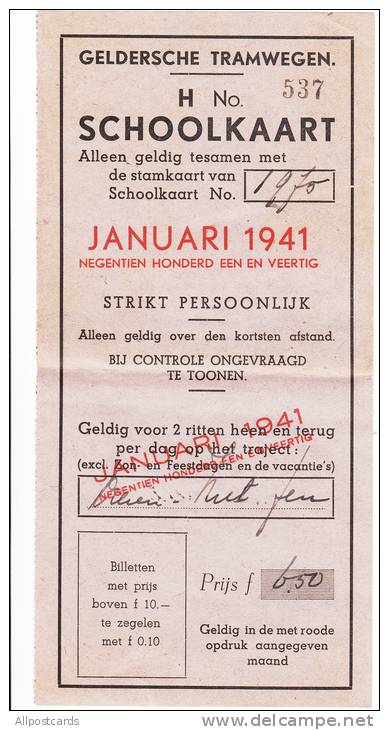 Netherlands Geldersche Tramwegen Ticket 1941 - Otros & Sin Clasificación