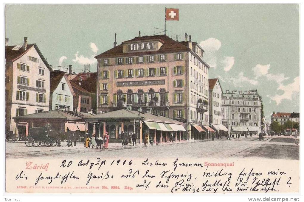 Zürich Sonnenquai Color Belebt Hotel Züricher Hof Pferde Kutsche 21.8.1906 Gelaufen - Zürich